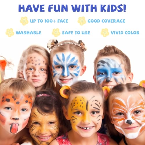 Rainbow Face Painting Kit for Kids Adults - 8 Split Cake Water Activated Palette, 4 Paint Brushes, 3 Gem Sheet, 6 Reusable Stencils, Washable Facepaint Makeup Kit for Halloween, Party, Cosplay