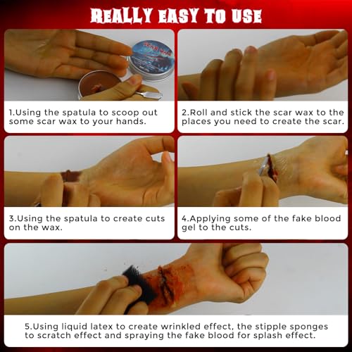 Sfx Makeup Kit Professional, Realistic Special Effects Makeup Kit with 1 Pc Fake Blood, Liquid Latex, Scar Wax, Fake Blood Gel, Spatula Tool and 2 Pcs Stipple Sponges, Washable Halloween Scar Makeup
