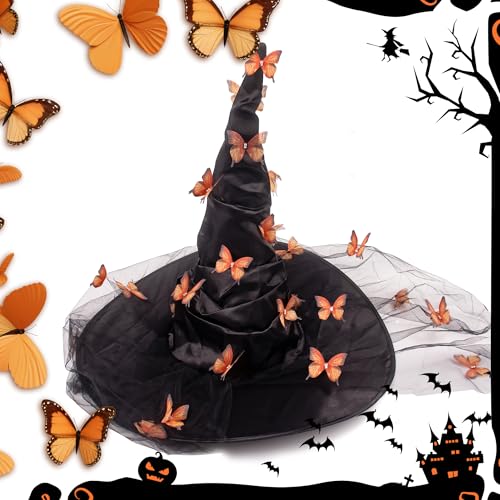 Halloween Witch Hat - Halloween Costumes Outfit for Women, Witches Hats for Women Adult Attached Butterfly and Veils, Cosplay Costume Halloween Party Favors Orange