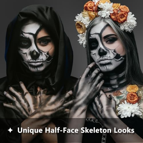 Halloween Skeleton Makeup, Complete Skeleton/Skull Makeup Kit Face Paint SFX Character Set, Professional Skeleton Make Up Kit for Costume Art Cosplay Dress-Up Party for Kids & Adults