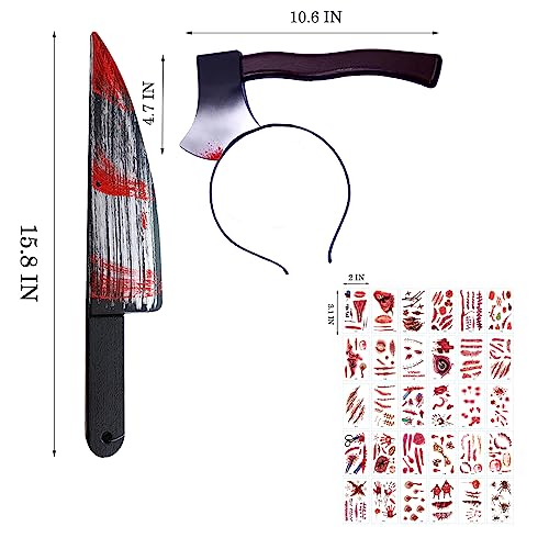 DASDSA Halloween Costumes Fake Knife with Fake Blood,Halloween Purge Weapon Prop and Fake Axe with Fake Blood Headband Add 30PCS Stickers
