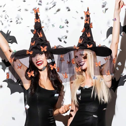 Halloween Witch Hat - Halloween Costumes Outfit for Women, Witches Hats for Women Adult Attached Butterfly and Veils, Cosplay Costume Halloween Party Favors Orange
