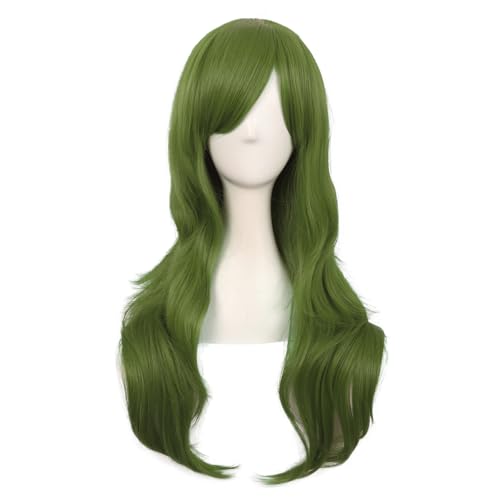 MapofBeauty 28 Inch/70 cm Women Side Bangs Long Curly Hair Cosplay Synthetic Wig (Olive Green)