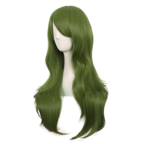 MapofBeauty 28 Inch/70 cm Women Side Bangs Long Curly Hair Cosplay Synthetic Wig (Olive Green)