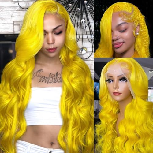 KEGOO Yellow Wig Human Hair 13x4 Yellow Lace Front Wig Human Hair Pre Plucked 180% Density 34 Inch Body Wave Yellow Human Hair Lace Front Wigs Colored Yellow Human Hair Wig for Women