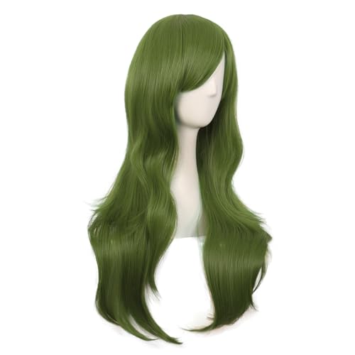 MapofBeauty 28 Inch/70 cm Women Side Bangs Long Curly Hair Cosplay Synthetic Wig (Olive Green)