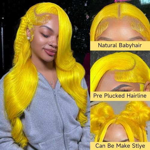 KEGOO Yellow Wig Human Hair 13x4 Yellow Lace Front Wig Human Hair Pre Plucked 180% Density 34 Inch Body Wave Yellow Human Hair Lace Front Wigs Colored Yellow Human Hair Wig for Women