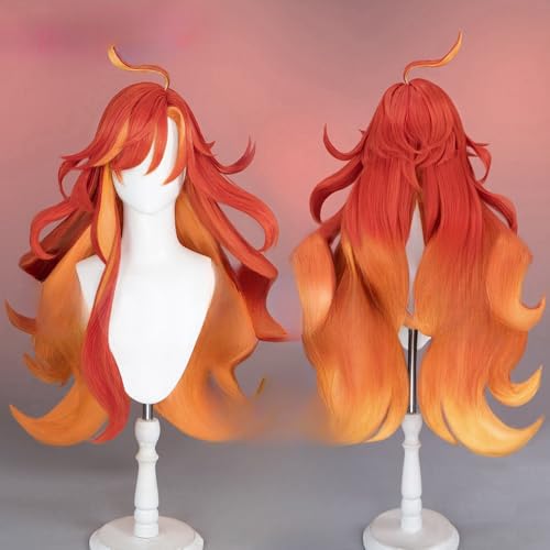 TO KU TOO YUO Game Cosplay Wig Red Mix Orange Hair Wig Long Straight Wig with Bangs Heat Resistant Cosplay Show Wigs for Halloween