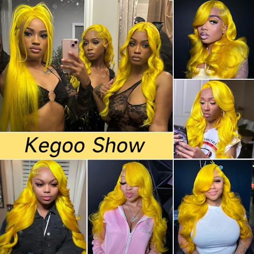 KEGOO Yellow Wig Human Hair 13x4 Yellow Lace Front Wig Human Hair Pre Plucked 180% Density 34 Inch Body Wave Yellow Human Hair Lace Front Wigs Colored Yellow Human Hair Wig for Women