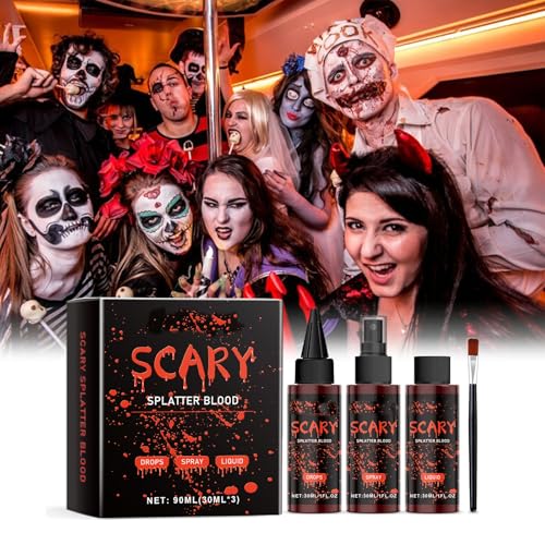 4PCS Halloween Fake Blood Set, Realistic Washable Fake Blood Spray, Dripping Blood, Fresh Liquid Fake Blood Makeup Kit for Halloween, SFX Makeup, Cosplay Party, Stage, Horror Film