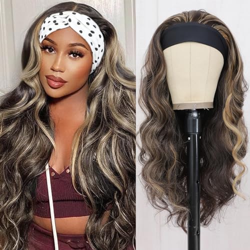 xccoco Glueless Headband Wig Brown Blonde Headband Wigs for Black Women Put on and Go Body Wave Wig Honey Blonde Highlight Synthetic Wig with Headband,24inch