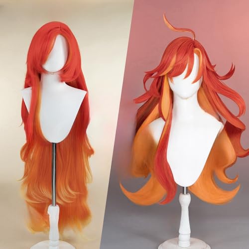 TO KU TOO YUO Game Cosplay Wig Red Mix Orange Hair Wig Long Straight Wig with Bangs Heat Resistant Cosplay Show Wigs for Halloween
