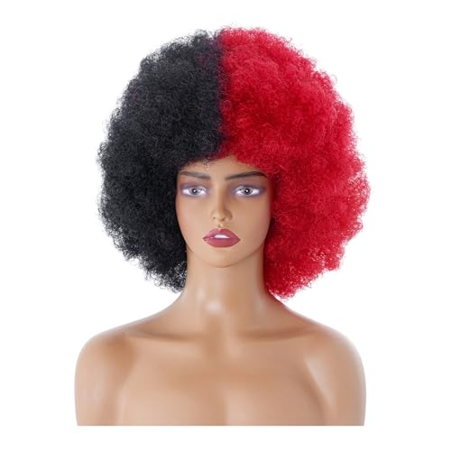 Rbenxia 14 Inch Short Afro Wig for Black Women 70s Afro Kinky Curly Wig Synthetic Costume Wigs Anime Fashion Halloween Cosplay Daily Party (Black and Red)