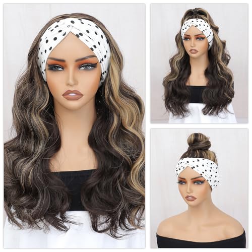 xccoco Glueless Headband Wig Brown Blonde Headband Wigs for Black Women Put on and Go Body Wave Wig Honey Blonde Highlight Synthetic Wig with Headband,24inch