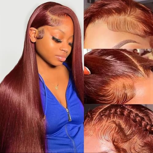 Afekisn Reddish Brown Lace Front Wigs Human Hair 22inch 13x6 HD Transparent Lace Straight Red Wig Human Hair Colored Reddish Brown Lace Frontal Wigs Human Hair 180% Density Pre Plucked With Baby Hair