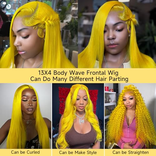 KEGOO Yellow Wig Human Hair 13x4 Yellow Lace Front Wig Human Hair Pre Plucked 180% Density 34 Inch Body Wave Yellow Human Hair Lace Front Wigs Colored Yellow Human Hair Wig for Women