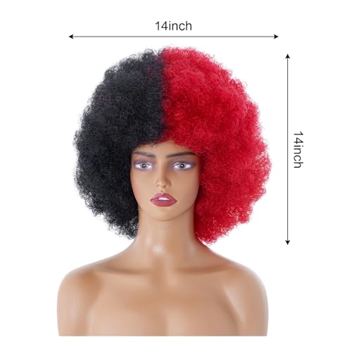Rbenxia 14 Inch Short Afro Wig for Black Women 70s Afro Kinky Curly Wig Synthetic Costume Wigs Anime Fashion Halloween Cosplay Daily Party (Black and Red)