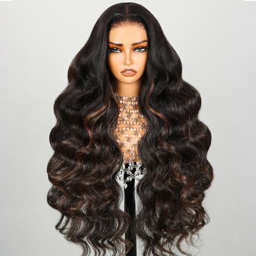 TESLAL P1B/30 Highlight Wear and Go Glueless Pre Cut Lace Body Wave 6X6 HD T Part Lace Closure Wig Premium Fiber Hair and Human Hair Blend Wig Natural Hairline 260% Density 28 Inch
