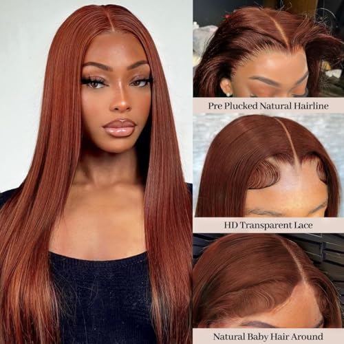 Afekisn Reddish Brown Lace Front Wigs Human Hair 22inch 13x6 HD Transparent Lace Straight Red Wig Human Hair Colored Reddish Brown Lace Frontal Wigs Human Hair 180% Density Pre Plucked With Baby Hair