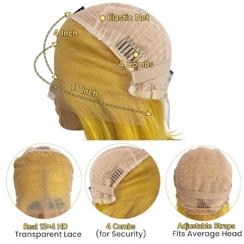 KEGOO Yellow Wig Human Hair 13x4 Yellow Lace Front Wig Human Hair Pre Plucked 180% Density 34 Inch Body Wave Yellow Human Hair Lace Front Wigs Colored Yellow Human Hair Wig for Women