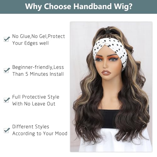 xccoco Glueless Headband Wig Brown Blonde Headband Wigs for Black Women Put on and Go Body Wave Wig Honey Blonde Highlight Synthetic Wig with Headband,24inch