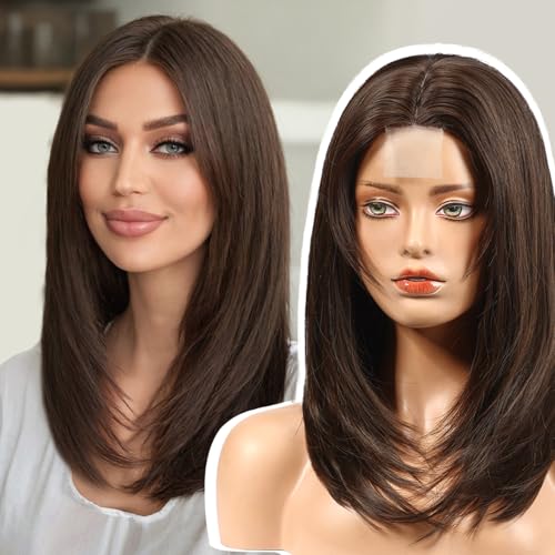 EMMOR Lace Front Wigs,Natural Layered Lace Wig is Suitable for Women,Heat-Resistant Synthetic Straight Wigs for Daily Use(Natural Brown)