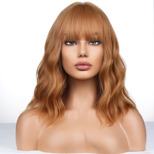 WTHCOS Strawberry Blonde Wig Short Bob Wig Short Curly Wavy Wig With Bangs for Women Girls Blonde Wig Heat Resistant Synthetic Hair Wigs for Daily Use Cosplay Wig With Wig Cap
