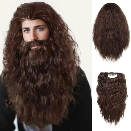 GNIMEGIL Halloween Costume Wigs for Men Long Fluffy Jesus Beard and Wig Christmas Fake Beard Mustache Wigs Elderly Anime Hagrid Cosplay and Theme Parties Forrest Gump Costume