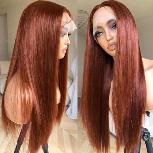 Afekisn Reddish Brown Lace Front Wigs Human Hair 22inch 13x6 HD Transparent Lace Straight Red Wig Human Hair Colored Reddish Brown Lace Frontal Wigs Human Hair 180% Density Pre Plucked With Baby Hair
