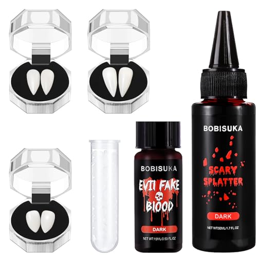 BOBISUKA Halloween Vampire Teeth Fake Blood Makeup Kit, Special Effects SFX Makeup Set 3 Pairs Vampire Fangs + 2Pcs Realistic Washable Fake Blood for Halloween, Vampire, Cosplay, Costume Party