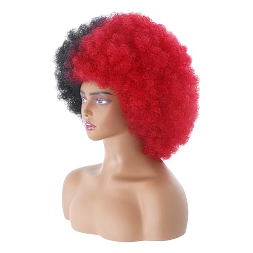 Rbenxia 14 Inch Short Afro Wig for Black Women 70s Afro Kinky Curly Wig Synthetic Costume Wigs Anime Fashion Halloween Cosplay Daily Party (Black and Red)