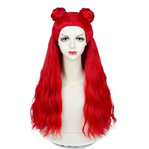 Long Red Curly Wig Red Wave Wig with Bun + Wig Cap Women's Synthetic Fiber Hair Wigs for Halloween Party