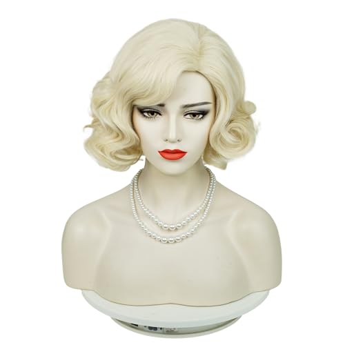 Wiggy Mermaid Platinum Blonde Wig and Pearl Necklace Earrings Accessories, Short Light Blonde Old Lady Wig + Wig Cap for Halloween Costume Cosplay