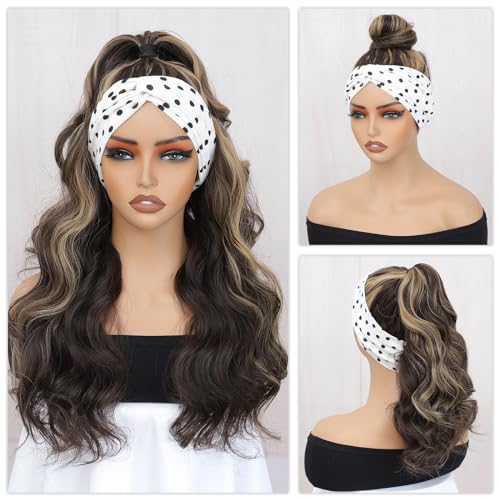 xccoco Glueless Headband Wig Brown Blonde Headband Wigs for Black Women Put on and Go Body Wave Wig Honey Blonde Highlight Synthetic Wig with Headband,24inch