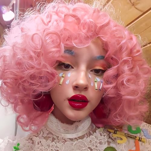 Xinran Pink Curly Afro Wig for Women，70’s Kinky Big Curly Wig With Bangs Short Loose Curly Wigs，Natural Looking for Daily Cosplay 14 inch