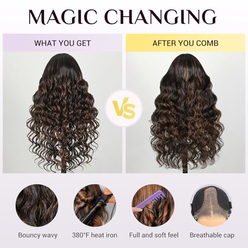 TESLAL P1B/30 Highlight Wear and Go Glueless Pre Cut Lace Body Wave 6X6 HD T Part Lace Closure Wig Premium Fiber Hair and Human Hair Blend Wig Natural Hairline 260% Density 28 Inch