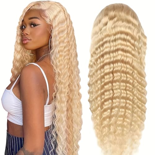 MARUOL 20 Inch 613 Lace Front Wig Deep Wave Blonde 13x6 HD Lace Front Wigs Human Hair Pre Plucked 180% Density 613 Colored Curly Blonde Wig Human Hair Glueless Water Wave Lace Frontal Wigs for Women
