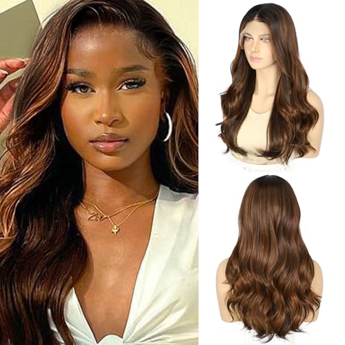 LLEI'Z Short Wavy Dark Brown With Roots Lace Front Wigs, 13x4 Synthetic Transparent Lace Front Wave Wigs Pre Plucked with Baby Hair 150% Density Heat Resistant Party Date Daily Wear Wig 22 Inch