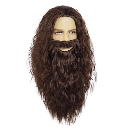 GNIMEGIL Halloween Costume Wigs for Men Long Fluffy Jesus Beard and Wig Christmas Fake Beard Mustache Wigs Elderly Anime Hagrid Cosplay and Theme Parties Forrest Gump Costume