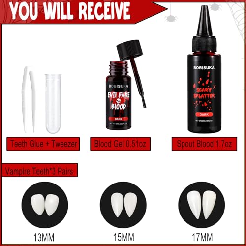 BOBISUKA Halloween Vampire Teeth Fake Blood Makeup Kit, Special Effects SFX Makeup Set 3 Pairs Vampire Fangs + 2Pcs Realistic Washable Fake Blood for Halloween, Vampire, Cosplay, Costume Party