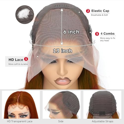 Afekisn Reddish Brown Lace Front Wigs Human Hair 22inch 13x6 HD Transparent Lace Straight Red Wig Human Hair Colored Reddish Brown Lace Frontal Wigs Human Hair 180% Density Pre Plucked With Baby Hair