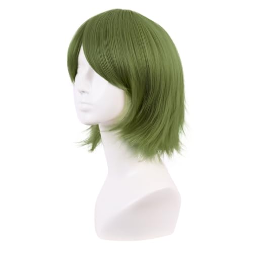 MapofBeauty 12 Inch/30 cm Men Women Short Straight Side Bangs Cosplay Costume Wig (Olive Green)
