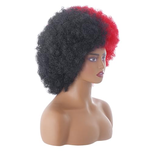 Rbenxia 14 Inch Short Afro Wig for Black Women 70s Afro Kinky Curly Wig Synthetic Costume Wigs Anime Fashion Halloween Cosplay Daily Party (Black and Red)