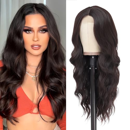 Long Brown Wig for Women 26Inch Wavy Curly Dark Brown Hair Wigs Synthetic Hair Replacement Wig Heat Resistant Hair Wig for Daily Party Use Halloween Costume Wig(26'' Dark Brown)