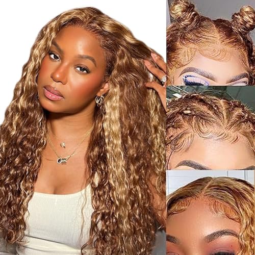 Ombre Curly Lace Front Wig Human Hair 26 Inch Glueless Wigs Human Hair Pre Plucked Honey Blonde Wig Human Hair 5/27 Highlight Deep Wave Wig 13x4 Blonde Curly Wig Human Hair Wigs for Black Women