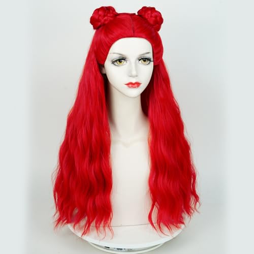 Long Red Curly Wig Red Wave Wig with Bun + Wig Cap Women's Synthetic Fiber Hair Wigs for Halloween Party