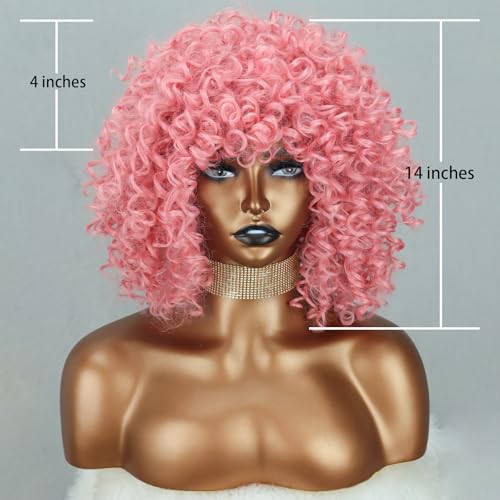 Xinran Pink Curly Afro Wig for Women，70’s Kinky Big Curly Wig With Bangs Short Loose Curly Wigs，Natural Looking for Daily Cosplay 14 inch