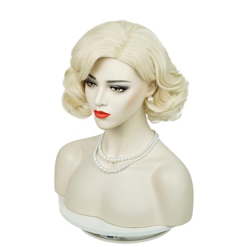 Wiggy Mermaid Platinum Blonde Wig and Pearl Necklace Earrings Accessories, Short Light Blonde Old Lady Wig + Wig Cap for Halloween Costume Cosplay