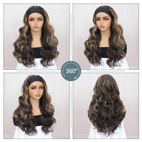 xccoco Glueless Headband Wig Brown Blonde Headband Wigs for Black Women Put on and Go Body Wave Wig Honey Blonde Highlight Synthetic Wig with Headband,24inch
