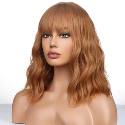 WTHCOS Strawberry Blonde Wig Short Bob Wig Short Curly Wavy Wig With Bangs for Women Girls Blonde Wig Heat Resistant Synthetic Hair Wigs for Daily Use Cosplay Wig With Wig Cap
